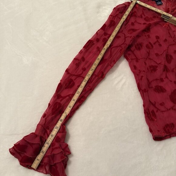 Vtg Forenza Women’s Top Sz 10 Sheer Floral Red Velvet Burnout Bell Sleeve Y2K - Picture 12 of 12